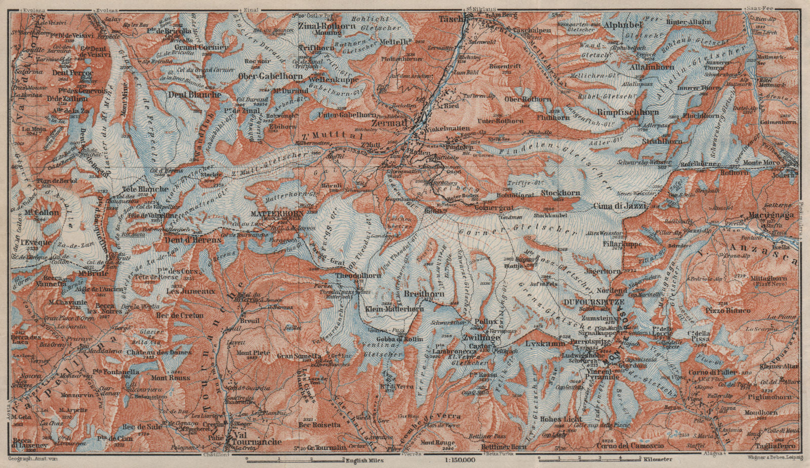 ZERMATT ENVIRONS. Breuil-Cervinia Matterhorn Tournanche Monte Rosa 1909 map